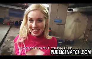 Blonde amateur with small tits in public]